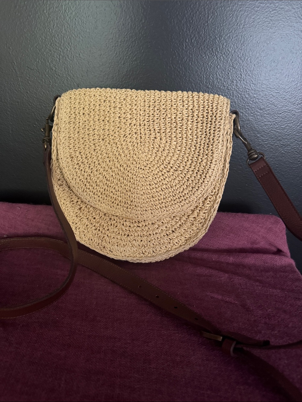 Neutral Woven Crossbody Bag with Brown Strap